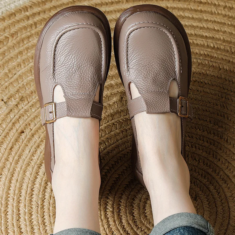 

New genuine leather buckle flats women's T strap moccasins college girls school shoes uniform office flats woman concise loafers