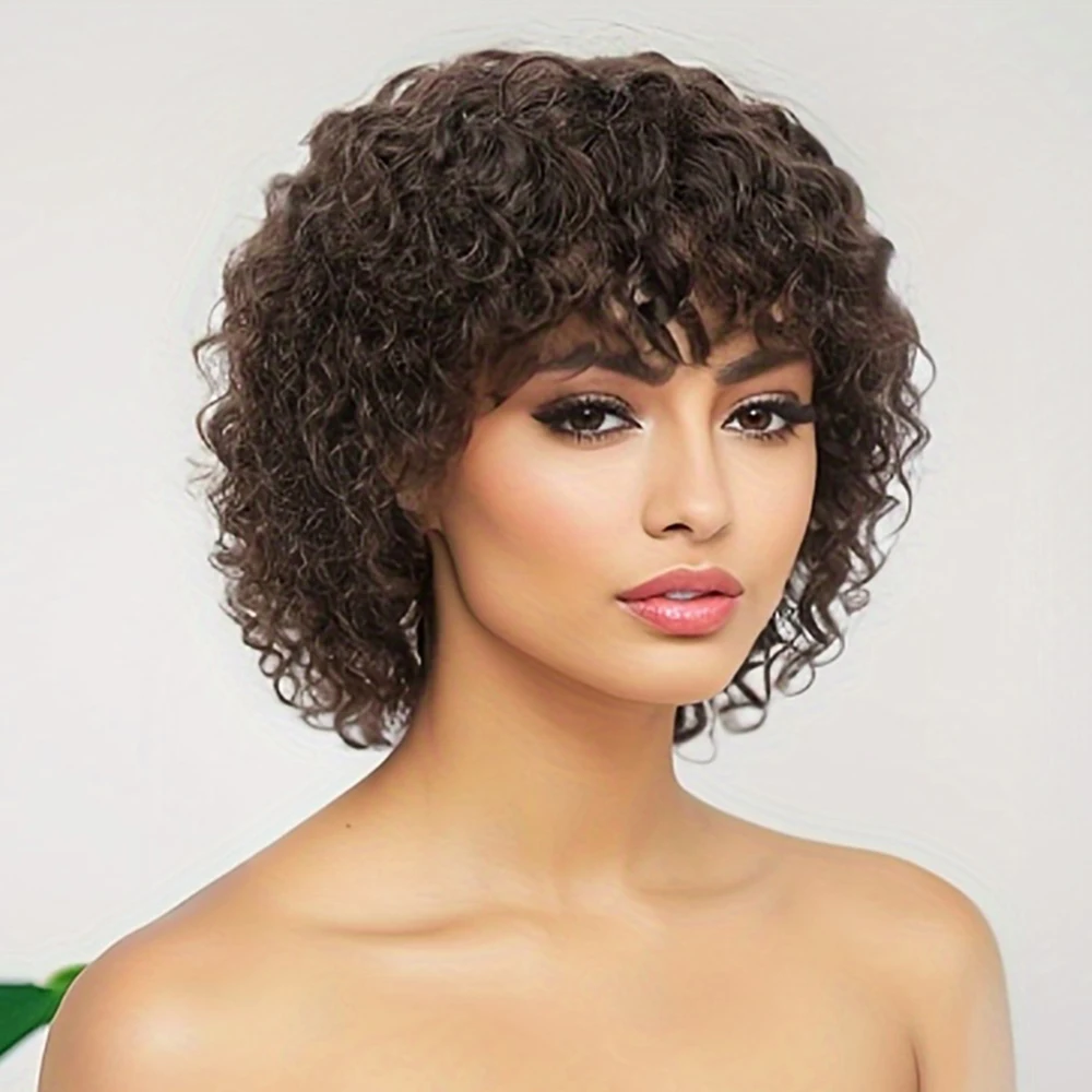 #2 Curly Pixie Cut Wigs With Bangs Machine Made Jerry Curly Human Hair Wigs For Women Brazilian Dark Brown Glueless Wigs HairUGo