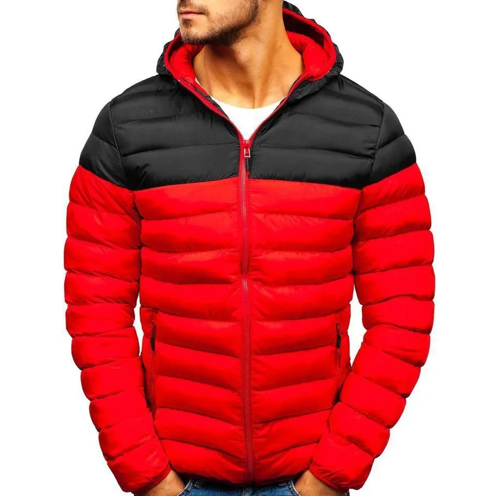 Autumn Winter Parkas Casual Male Patchwork Zip Up Long Sleeve Hooded Cotton Pad Coats Outwear