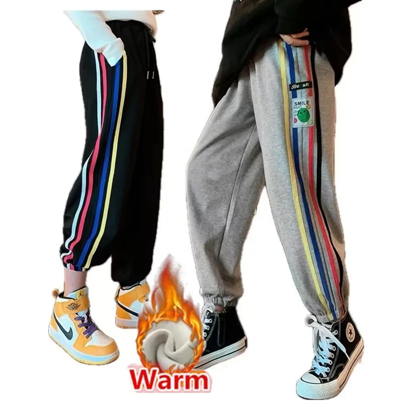 

School Girl Winter Warm Fleece Lined Pencil Pants with Side Stripes For Child Insulated Sports Trousers with Stripes On the Side