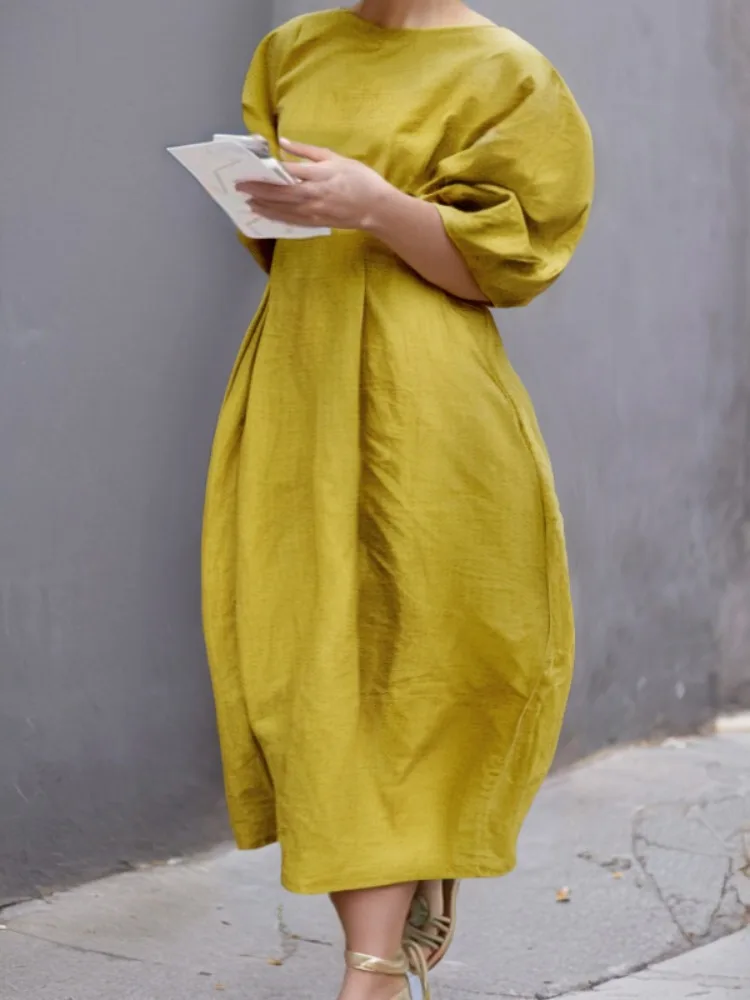 Beautyblue Plus Size Women Dress Yellow Round-Neck Maxi Dresses Casual Elegant Half Puff Sleeves High Waisted Loose Outfit L-5XL