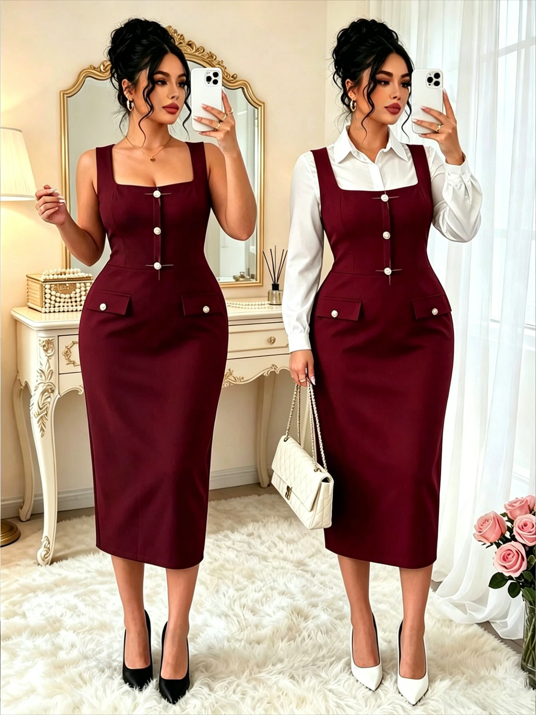 

French Elegant red Slim Dress, Square Neck Sleeveless Dress with Pearl Buttons for Summer Daily Commute