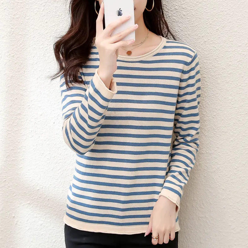 2024 cotton low crew neck sweater women's striped top with thickened bottoming shirt