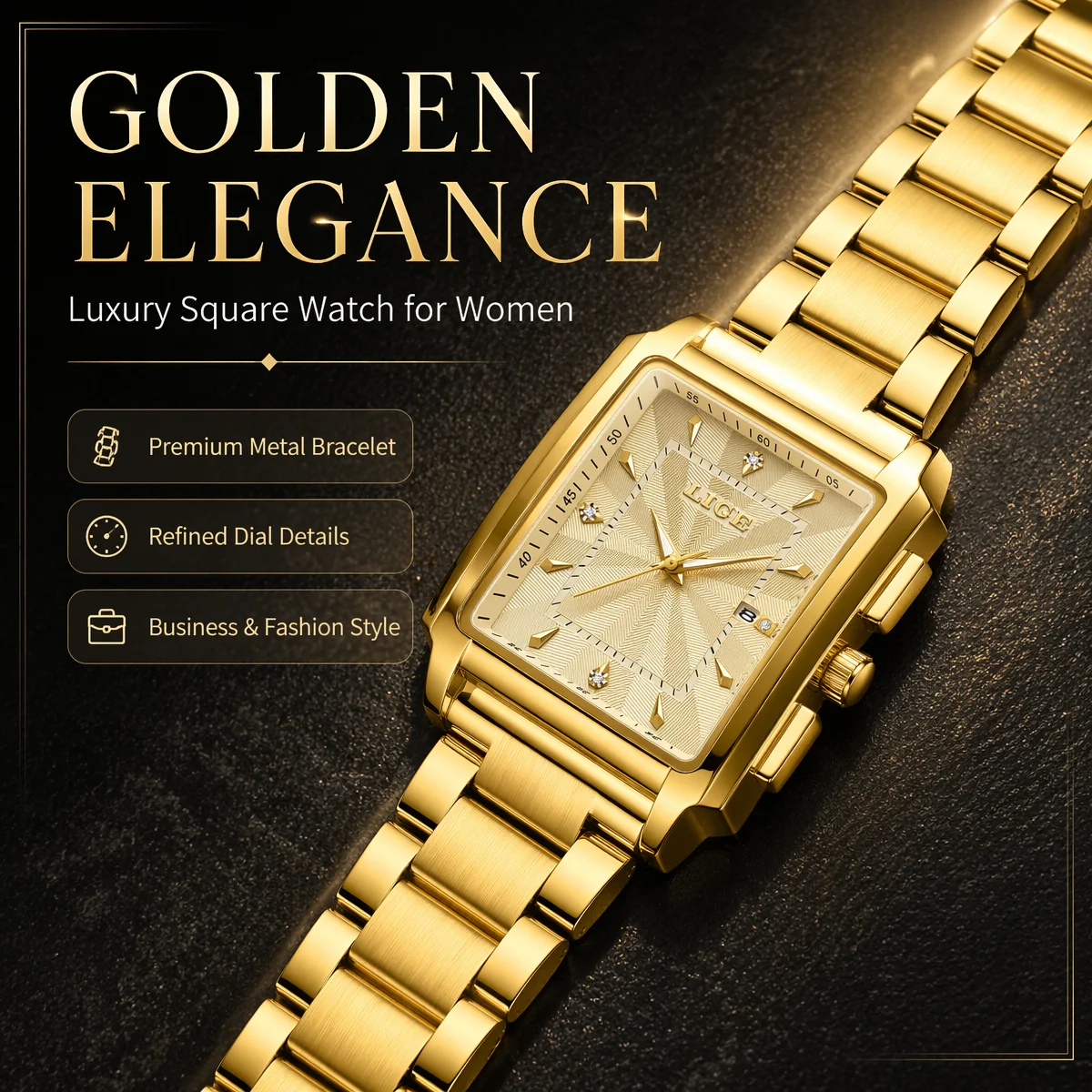 LIGE Luxury Square Women Watch Calendar Quartz Wristwatch 3ATM Waterproof Elegant Ladies Dress Watch Gift For Party Wedding+BOX
