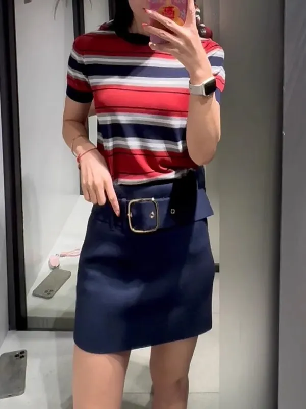 

Женская футболка Sweet Sle Трикотаж ort Sve round Ne Red Stripe New Spring Summer Faion Casual Comfortable Fit Poly...