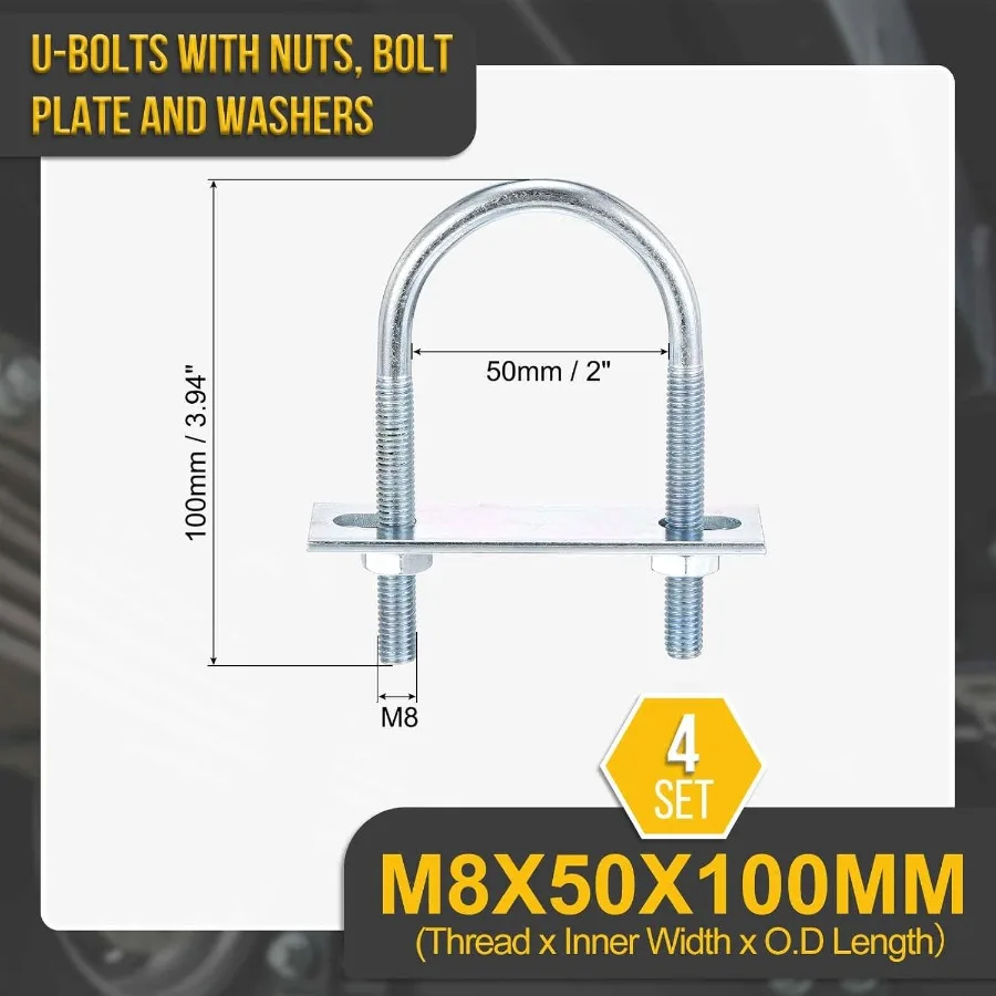 M8x50x100mm Bulloni a U Kit rotondo 4 Set Kit UBolt in acciaio al carbonio con dadi Piastra telaio Washe Buono per rimorchio per tubi Foglia automobilistica Spr