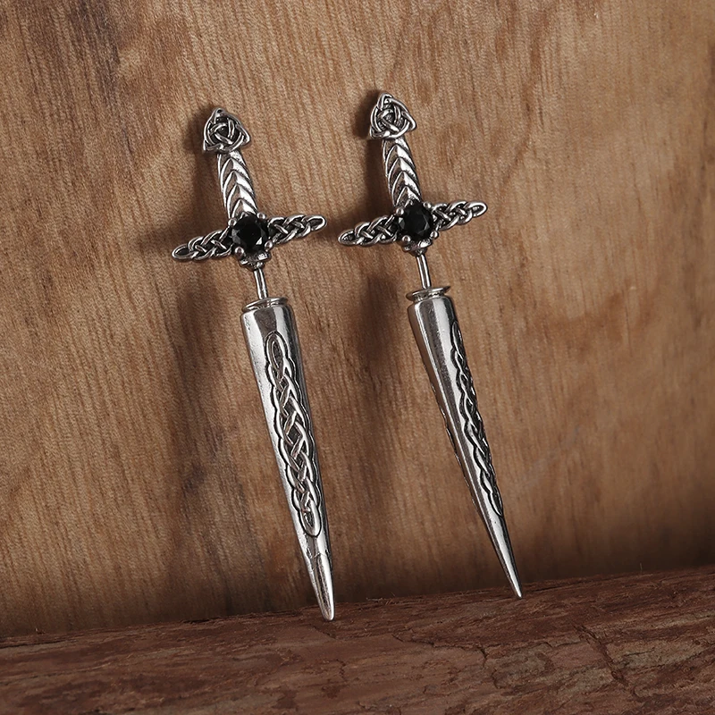 Rock Punk Sword Mens Stud Earrings Vintage Celtic Knot Tribal Amulet Hypoallergenic Earrings Gift for Him