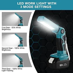 Lanterna LED sem fio para Makita, luz de trabalho manual, holofotes, lâmpada exterior, lâmpada de mesa USB, bateria Li-ion, 18V