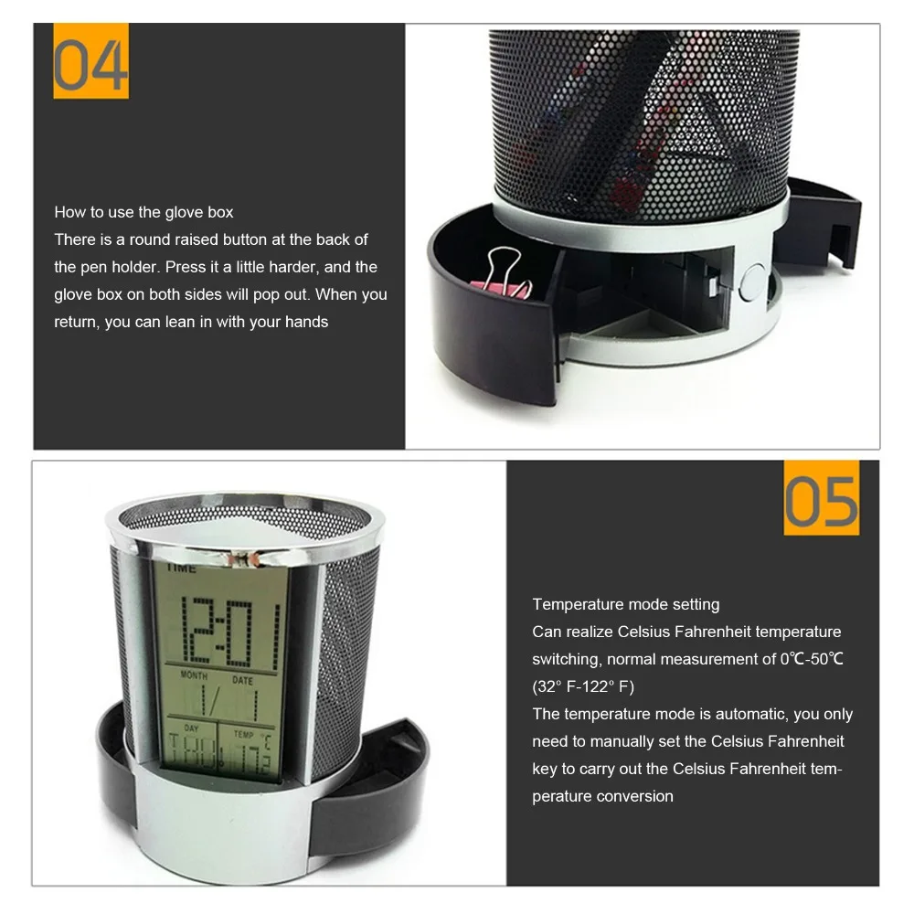Temperature Detection Pen Holder Clock Multi-Function Circular Design Storage Pen Holder Iron Mesh Digital Alarm Clock Home