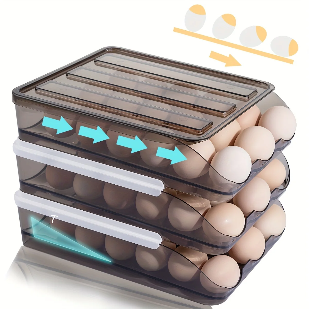 1pc  Container, Automatic Rolling 3 Layers Egg Holder With Lid, Clear Brown Stackable Egg Dispenser, For 54 Capacity, For Refrig