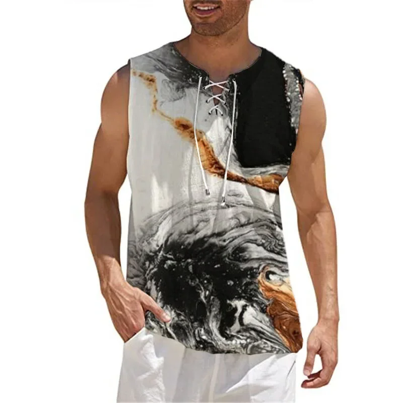 Summer Cool Fashion Men's Vest Drawstring V-Neck Sleeveless Shirt Solid Color Men's Street Casual Shirt Gym Sports Men's T-Shirt