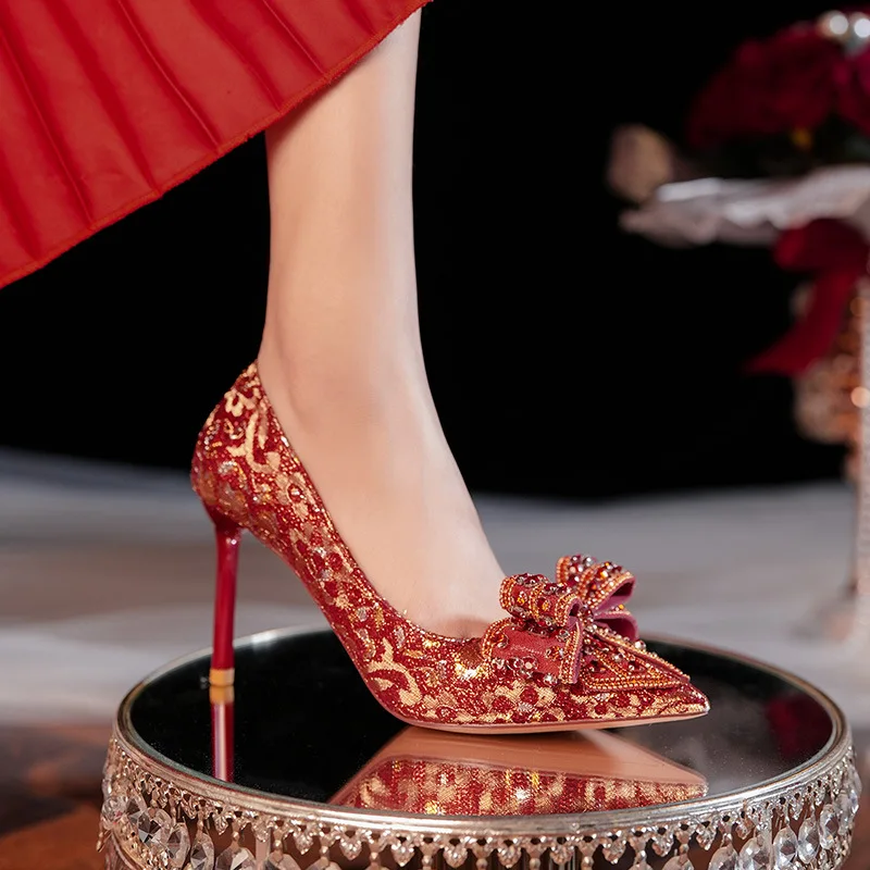 

Pointed stiletto bow satin high heels festive red high heels wedding shoes bridesmaid shoes