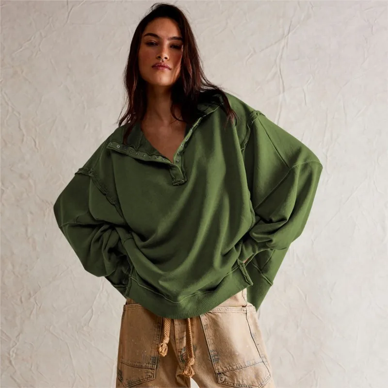 Frau Herbst Einfarbig Sweatshirt Mode Flip Kragen Lange Ärmel Der Saum Ist Unregelmäßige Hoodie Damen Elegante Taste Tops
