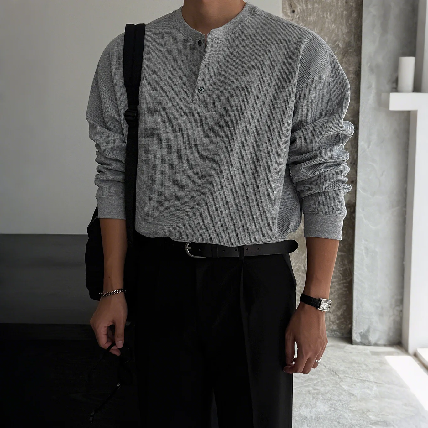 Man Base Layer 2026 New Spring Autumn Men Waffle Henley Collar Long Sleeve T Shirt Loose Old Money Style Basic Tee Soft Men Top