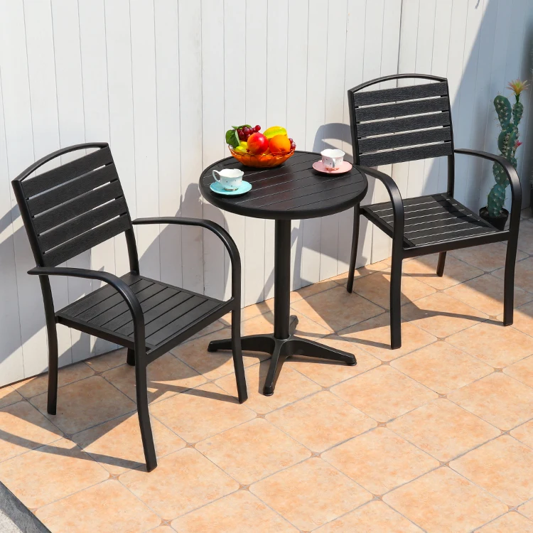 Outdoor furniture set leisure round table with chair set balcony plastic wood black table and chairs