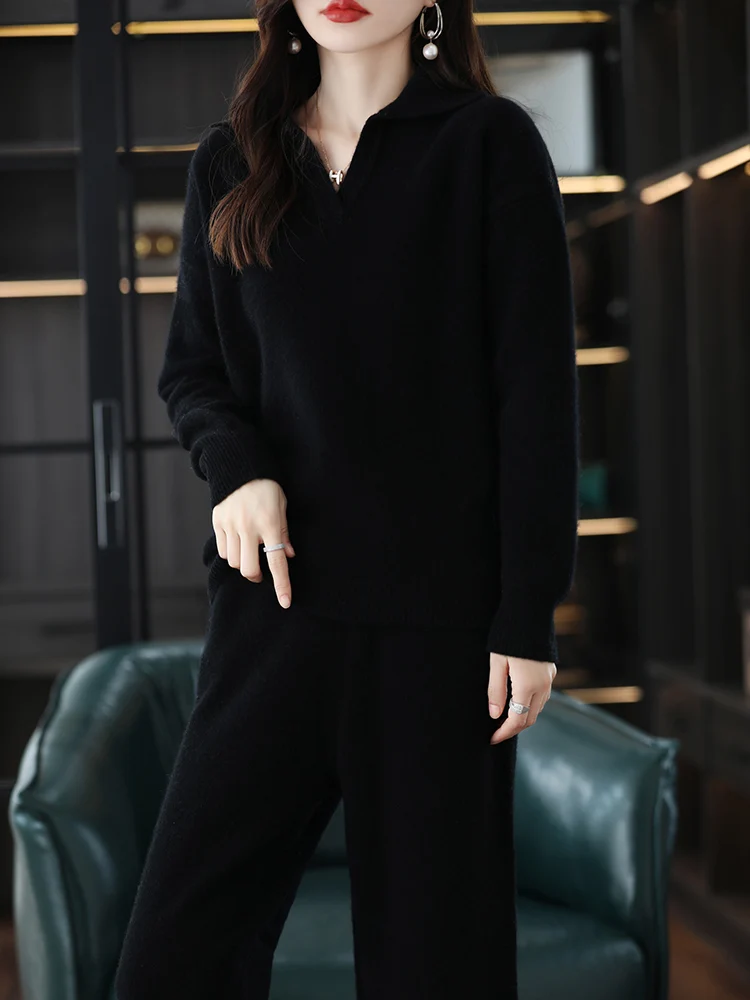 New Cashmere Suit Female Lapel Korean Version Of Senior Casual Sweater Wide-Leg Pants Wool Knitted Two-Piece Suit