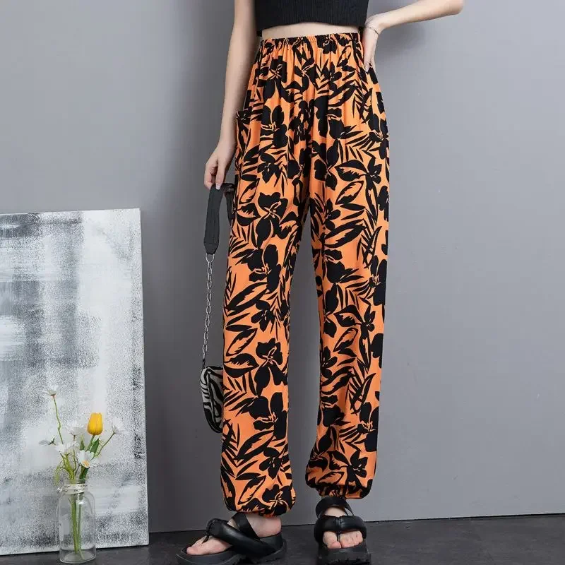 Women Cotton Silk Casual Trousers Summer Loose Pajamas Home Pants Thin Wide Leg Pants Fashion Oversize 4XL Sweatpants Female