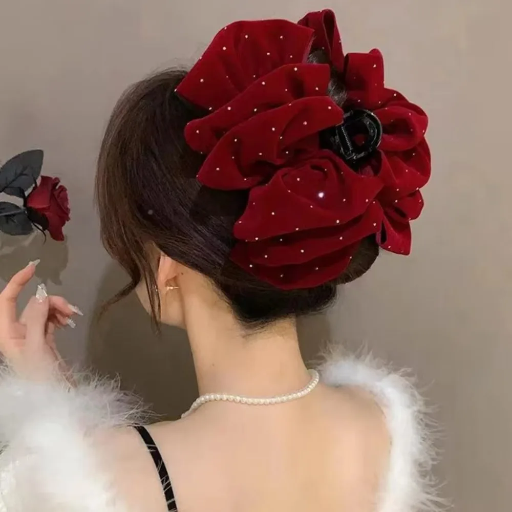 

New 13cm Hair Claw Large Size Multi-Layered Bow Hair Crab Black Wine Red Velvet Bow Hairpin Women