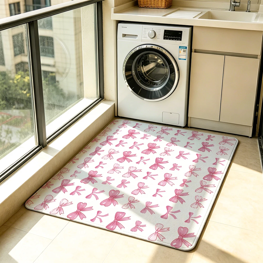Pink Bow Pattern Felt Rug Living Room Sweet Non-Slip Floor Mat for Girl's Room Home Decor