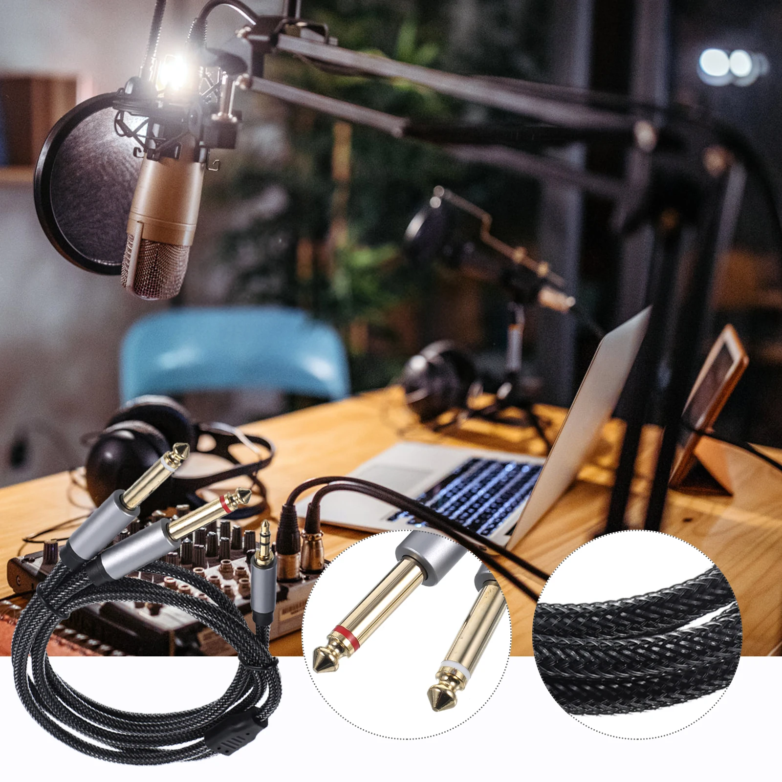 

TRS to Cable 3.5mm to Dual 6.35mm Audio Splitter Gold Plated Adapter Zinc Alloy Nylon Braided Signal Converter for Phone