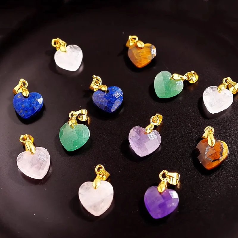 5 Pcs/lot Natural Pink Quartz Amethyst Lapis Lazuli Faceted Heart Pendant 12*5mm Small Gold Charms For Jewelry Making Accessory