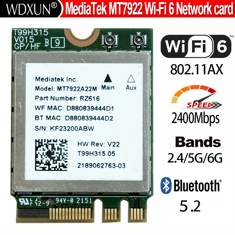 WiFi6E MT7922 MT7922A22M 2400Mbps  Wifi Card 2.4/5/6G Bluetooth 5.2 BT5.2 Wireless Adapter Wireless Card 2400M M.2 NGFF