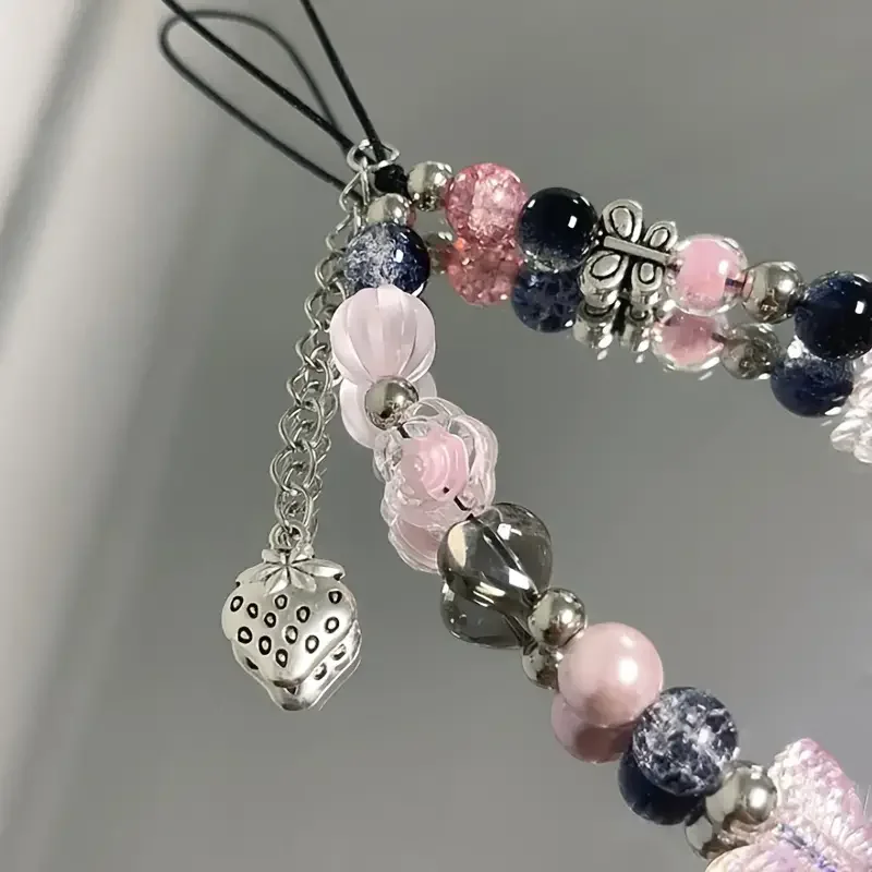 Korea Cute Black Beaded Phone Chain Cross Butterfly Charm Lanyard Phone Chain For Accessories Jewelry Strawberry Pendant Gifts - Detail 1