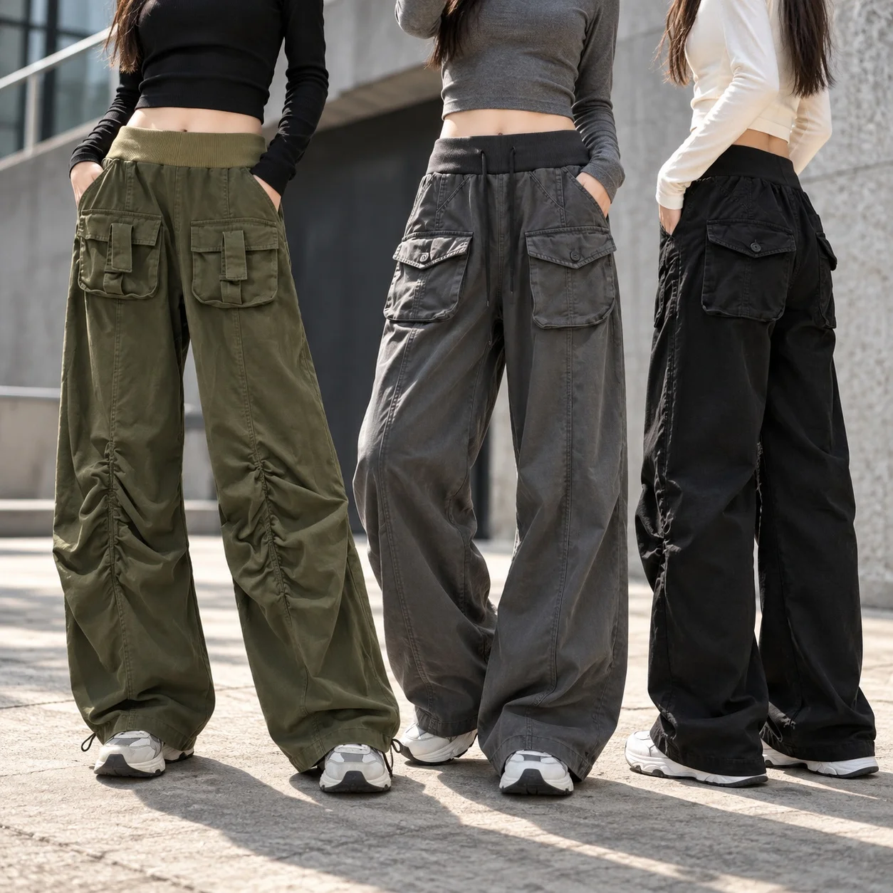 Pocket Pockets Pants Elastic Waist Workwear Style with Drawstring Ins Style Regular Thickness Autumn Long Length Women Pants