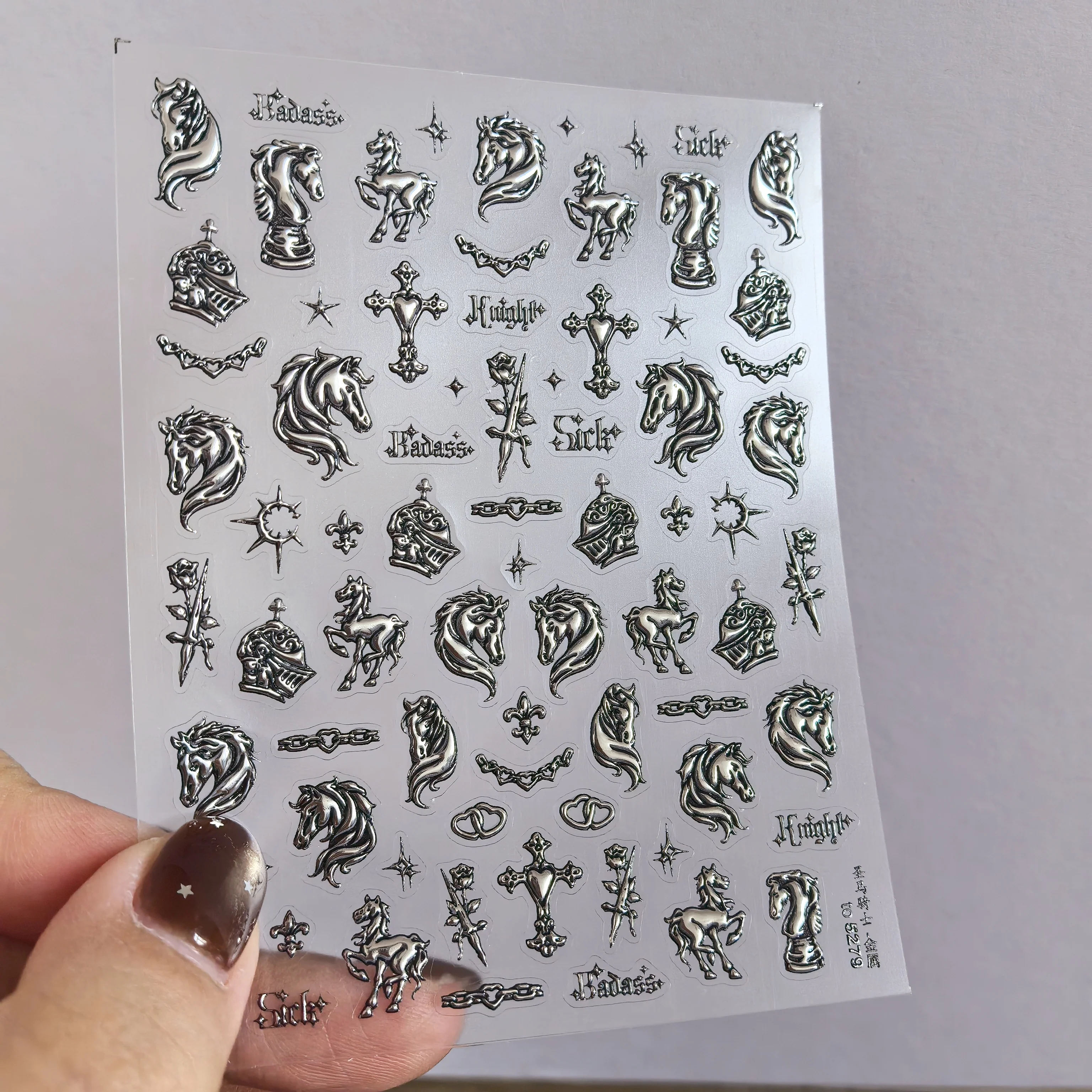 5D Embossed Horse Knight Nail Stickers Gothic Design Cool Black Metal Texture Y2K Cross Nail Art Decals for Manicure Decorations