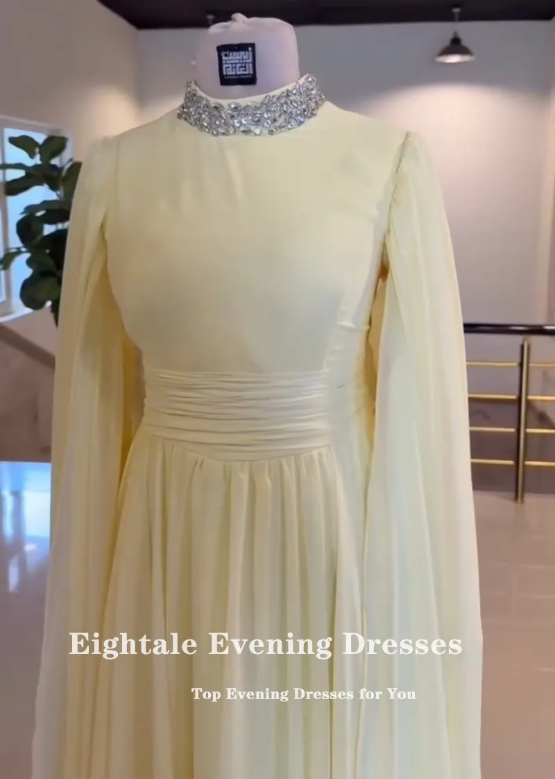 Eightale อาหรับชุดราตรีแขนยาวลูกปัดที่กําหนดเองชีฟองสีเหลืองพรหมงานแต่งงานชุด Abendkleider Hochzeit