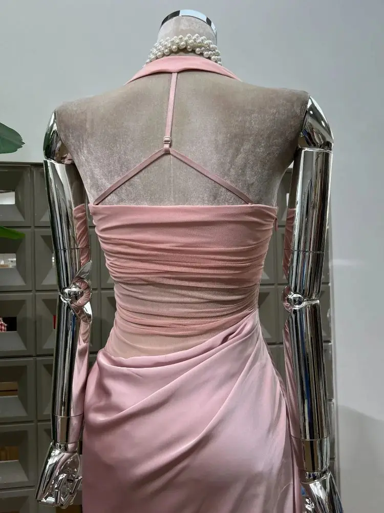 신상 여성 우아한 핑크 섹시 홀터 백리스 메쉬 시스루 파티 드레스 생일 연예인 이브닝 프롬 웨딩 드레스