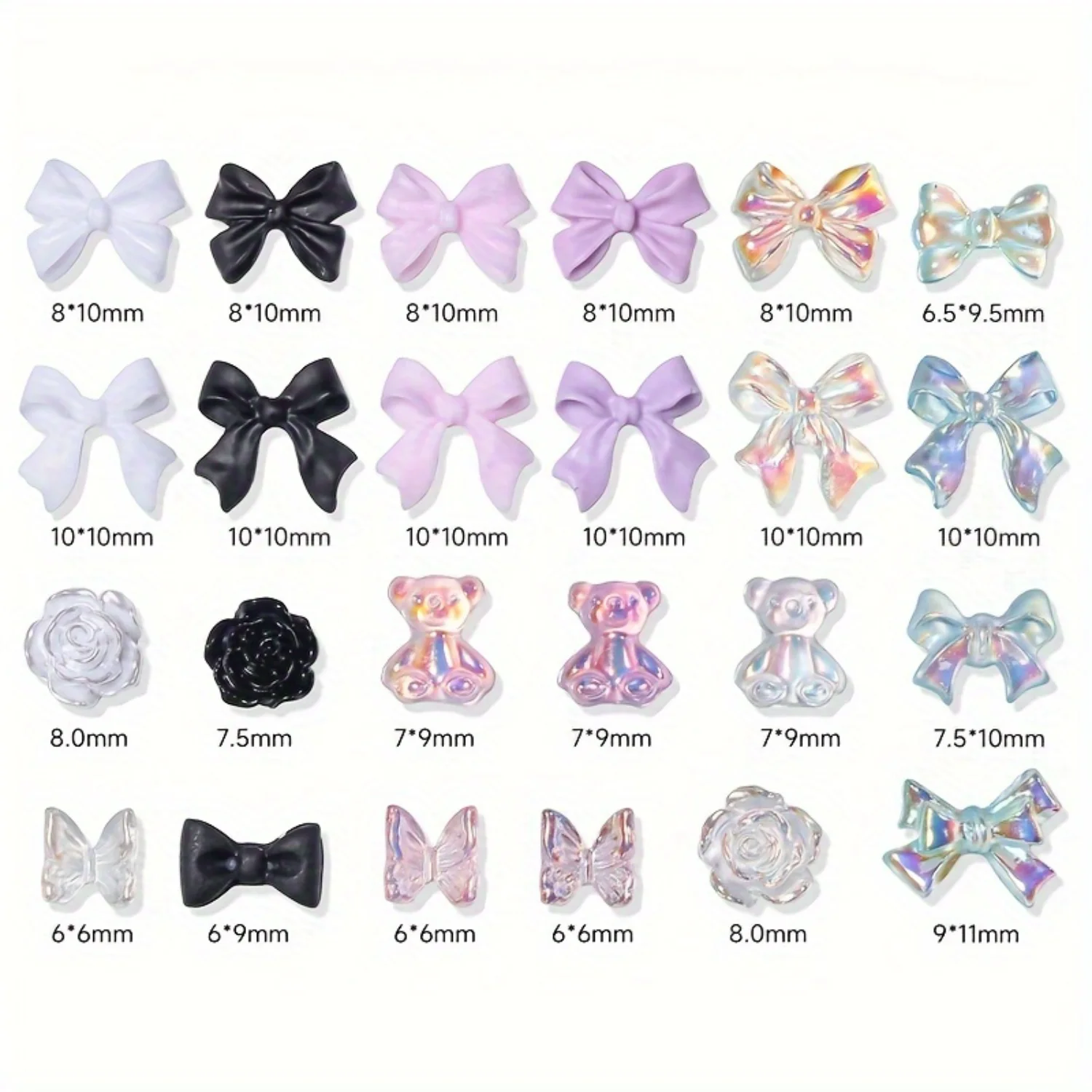 24 Grids Nail Art Charms Assortment Set - 3D Decorative DIY Accessories with , Bow, Tie, Camellia Bear Designs Unscented, Mixe