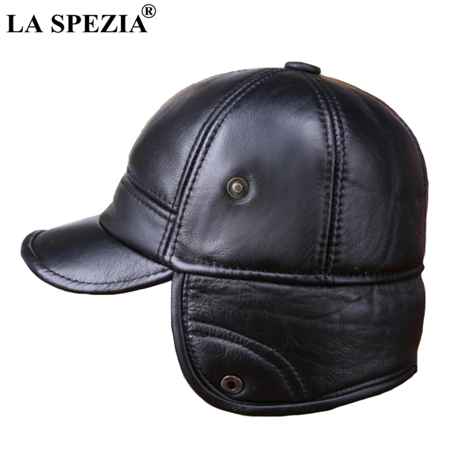 LA SPEZIA Winter Baseball Caps with Fur Earflaps Men Genuine Cow Leather Warm Thick Duckbill Hat Male Luxury Brown Leather Hat