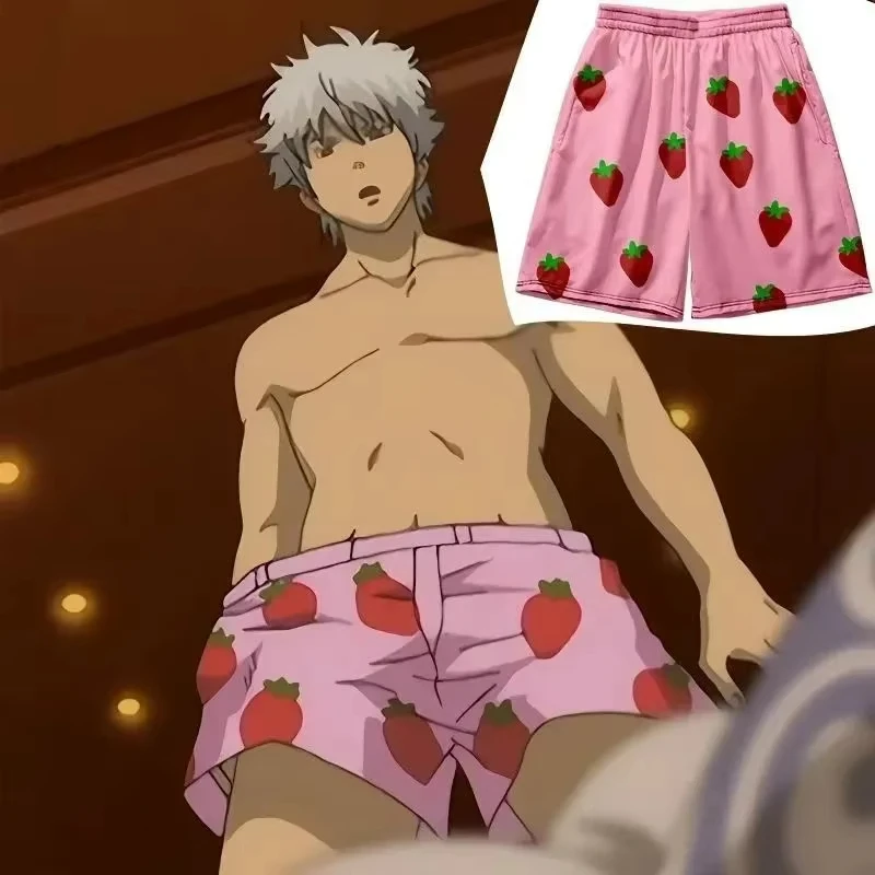 

Pink Strawberry Short Pants 2026 Men's Clothes Anime GINTAMA Sakata Gintoki Cosplay Costume Unisex Party Men Beach Short Pants