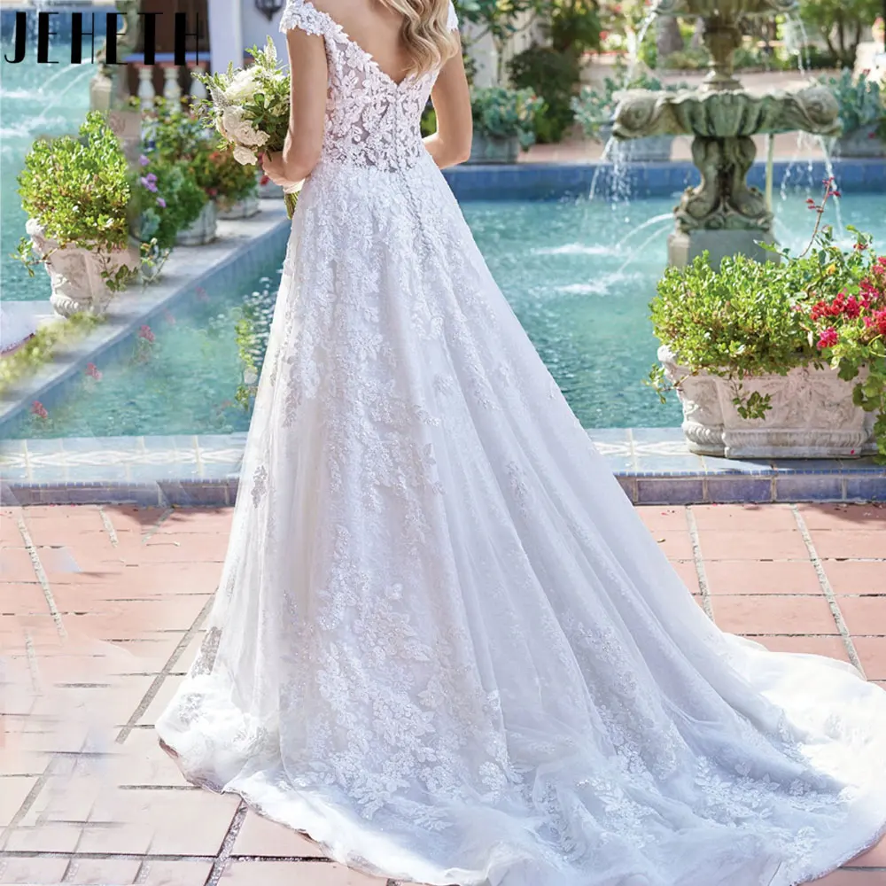 JEHETH Appliques pizzo con spalle scoperte abito da sposa con scollo a v a-line abiti da sposa bottone posteriore senza schienale vestido de noiva casamento 2024JEHETH Appliques pizzo con spalle scoperte abito da sposa