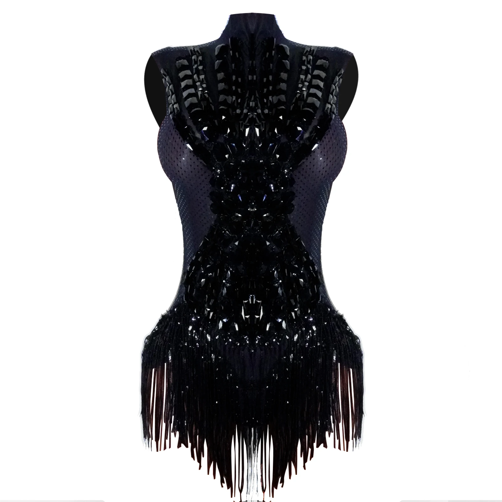 

girl Show Costume See-through Sequins Tassels Glitter Rhinestone Bodysuit Stage Club Wear DS Dancer PerformanceParty Gogo Outfit