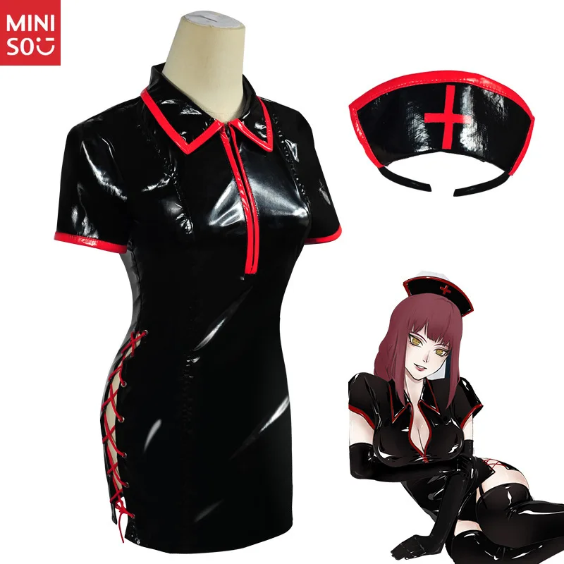 Miniso أنيمي بالمنشار رجل تأثيري حلي ماكيما قوة مثير ممرضة موحدة بولي فستان فستان جلد البدلة شعر مستعار النساء هالوين