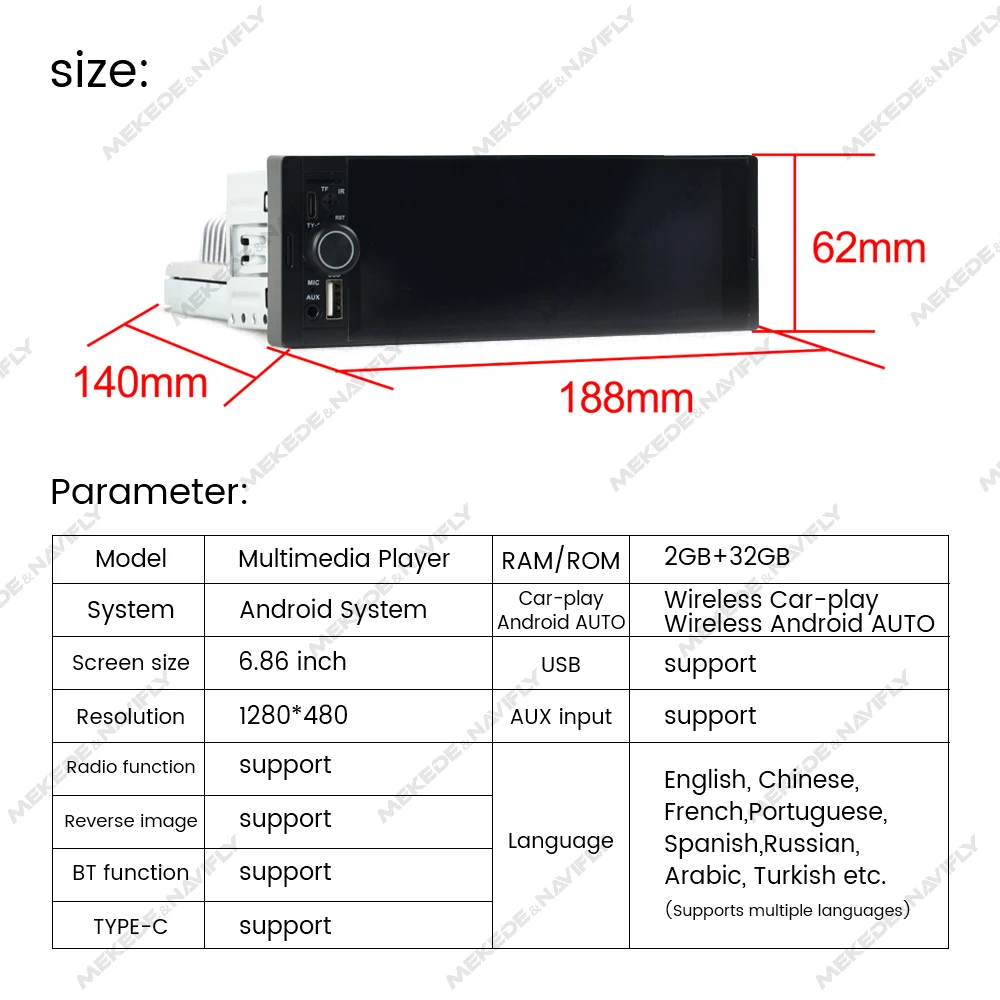 6.86-Inch 1DIN Universal Android 13 Car Radio 2GB+32GB Wireless Carplay Touch Screen Multimedia Video Player Support AUX USB SWC