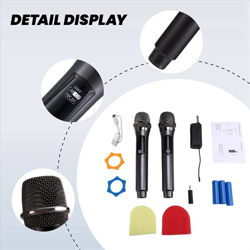 

Wireless One-To-Two Home Microphone 6.35 Interface Professional Handheld Microphone For KTV Performance Stage Gray