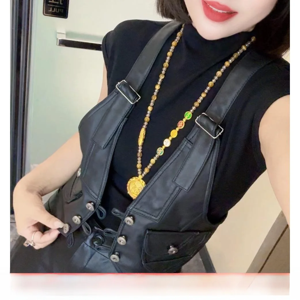 

Ning 2025 New Women's Genuine eepskin Vest Faionable Svel Tank Top Zipper ort V-Ne Leather Vest