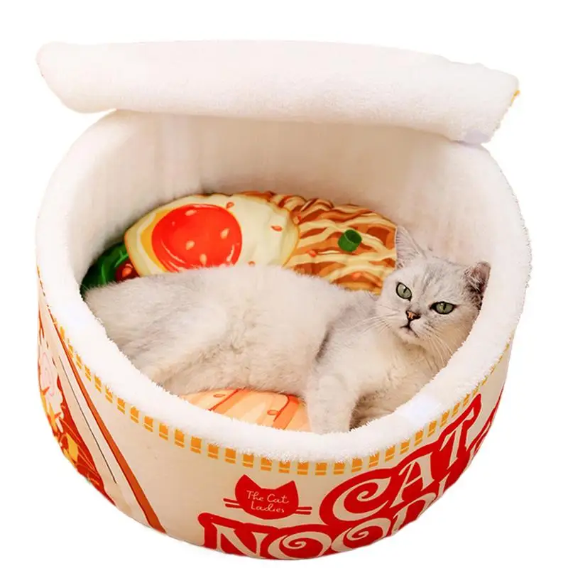 Ramen Cute Cat Bed Nest Noodle Bowl Soft Pet House Creative Pet Kennel With Cover For Indoor Small Medium Large Cats