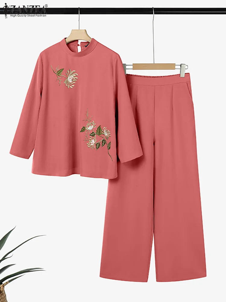

Модные осенние комплекты брюк ZANZEA, женская одежда из 2 предметов, элегантная однотонная блузка с рукавами 3/4, широкие брюки, костюмы, весенние спортивные костюмы