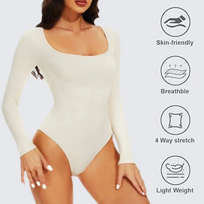 Dimmkof Ribbed Sexy Thong Bodysuit Women's Seamless Square Neck Long Sleeved Snap Button Shapewears Tummy Contro Sculpting Body