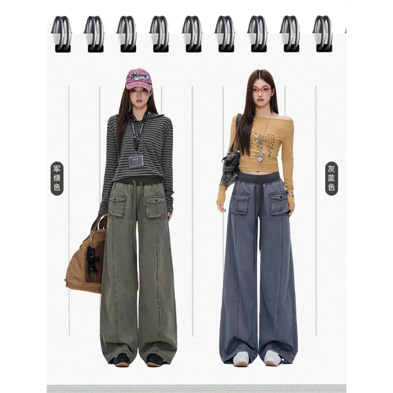 OIQERE Y2K Street Women Army Green Deconstructed Cargo Pants Mid‑Low Waist Loose Casual Drawstring Waist Multi‑Pocket Trousers