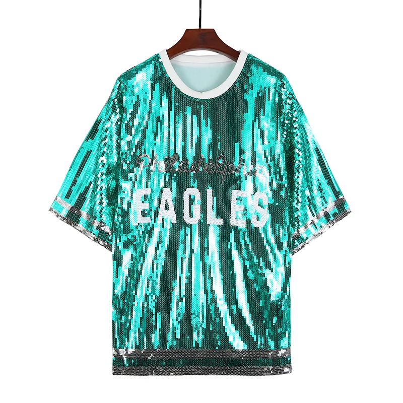 Bling Fans Wear Silver And Green Eagle Sequin Jersey Dress