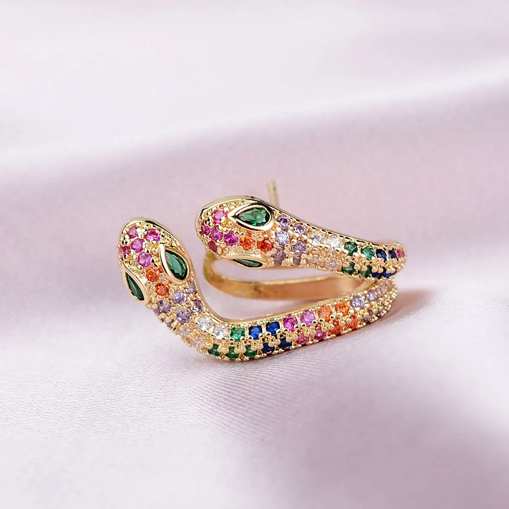 1Pcs New Two Headed Snake Studs Earrings For Women Vintage Rainbow Zircon Ear Bone Clip Punk Ear Cuffs Personality Jewelry Gifts