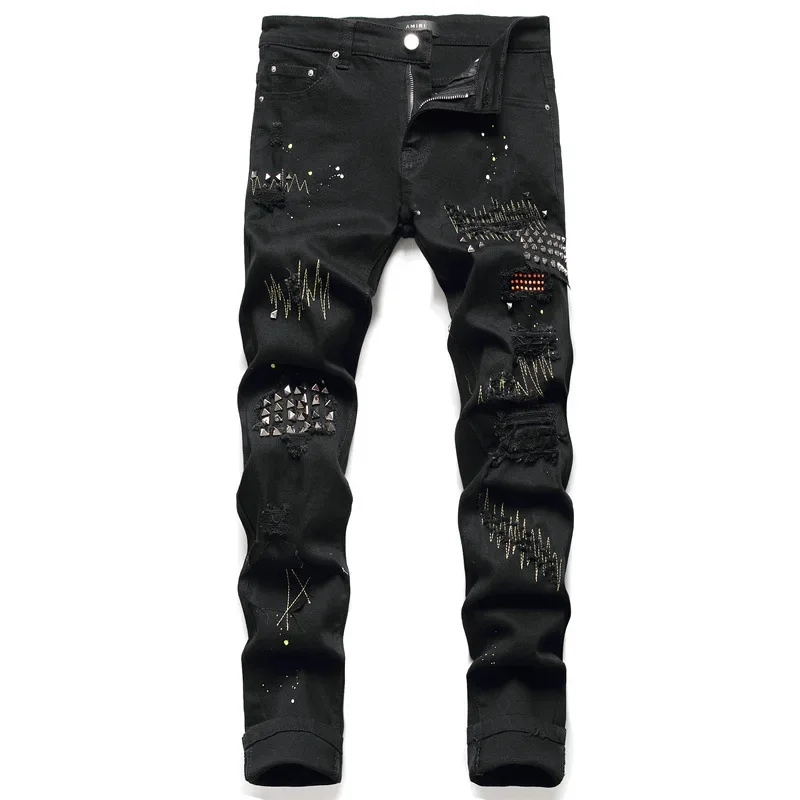 

Men Long Jeans Pencil Pants Rivet Denim Pant Straight Trousers Zipper High Waist Slim Fit Simple Splice Casual Autumn Winter