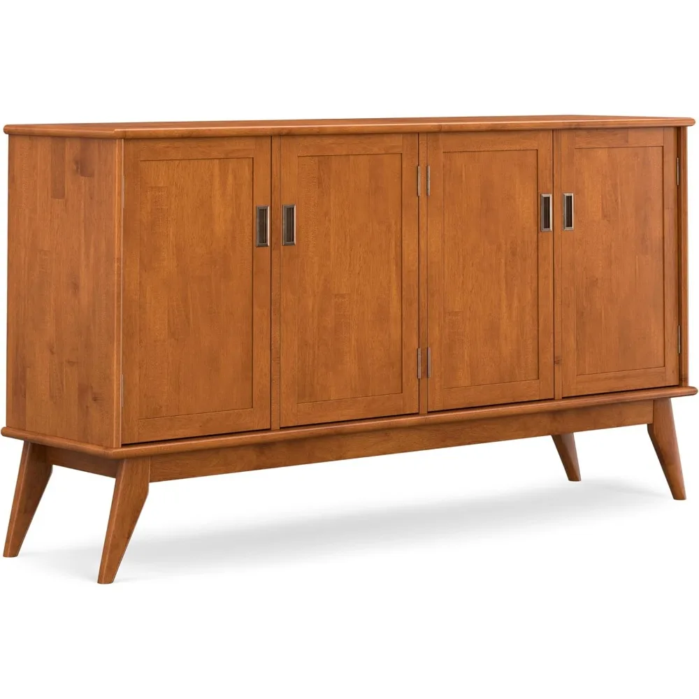 Draper Solid Hardwood and Rubberwood Rectangle Mid Century Modern 4 Door Sideboard Buffet in Teak