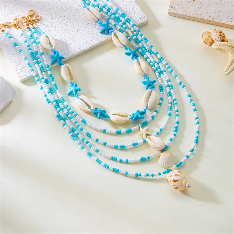 

Multi-strand Bohemian Beach Layer Necklace For Women Starfish Seashell Conch Seed Beads Summer Wearing Niche Fashion Jewelry