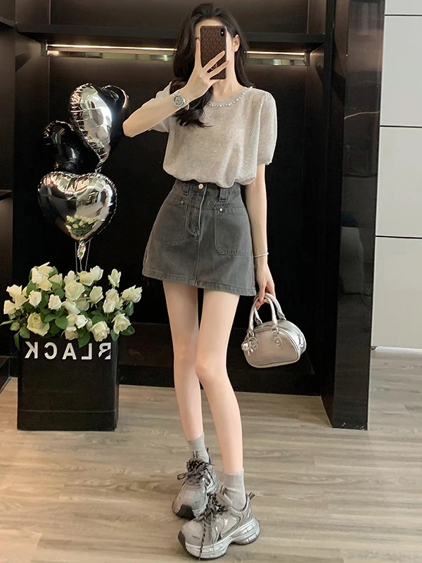

Gray Knitted Short Sleeve T-Shirt And Denim Skirt Women's Summer Fashion Two-Piece Set Age-Defying Trendy Casual Sportswear